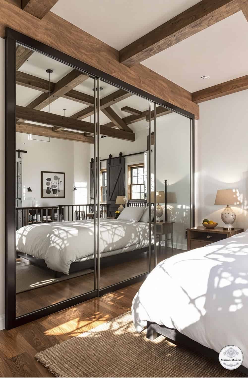 a bedroom with a large mirror on the wall