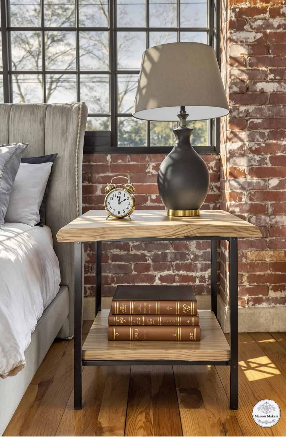 a table with a lamp and books on it