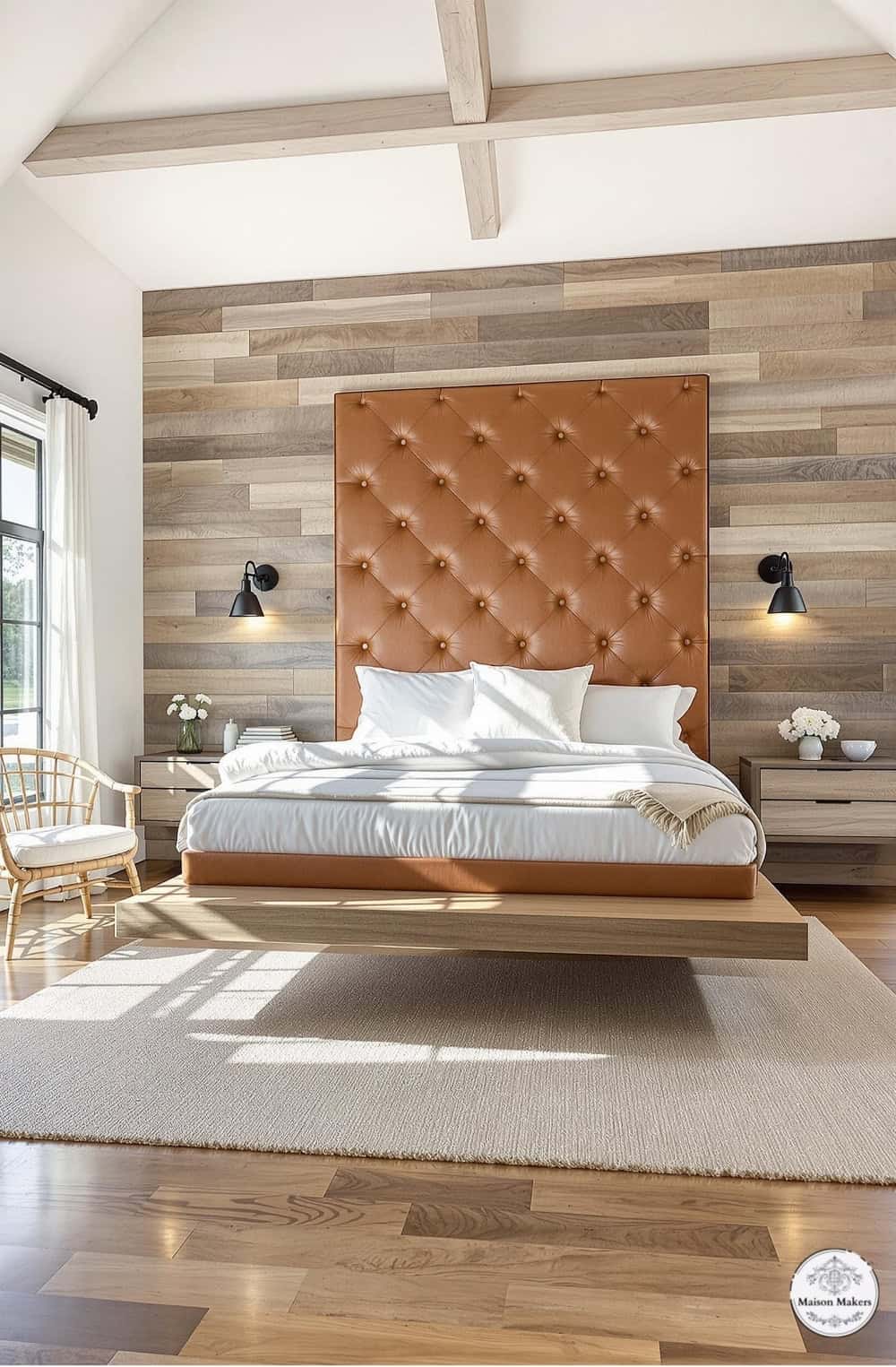 a bedroom with a large bed and a wooden headboard