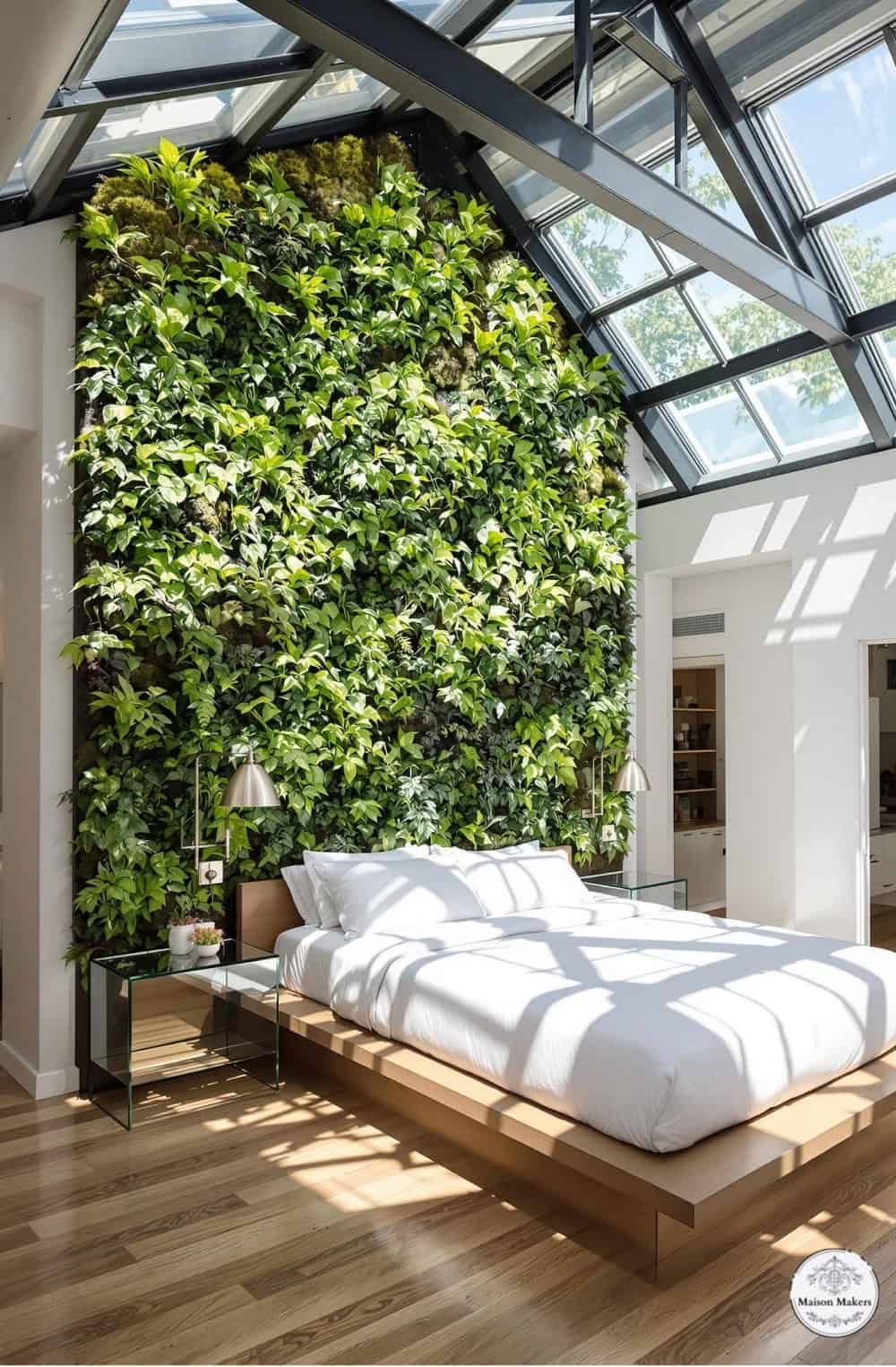 a bedroom with a bed and a green wall