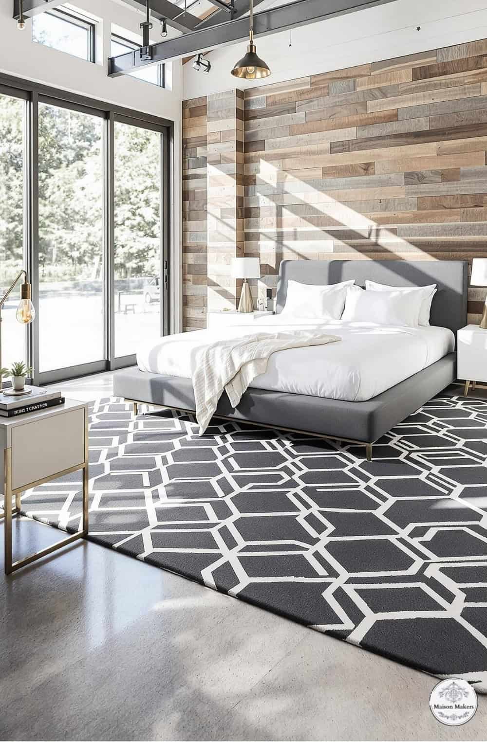 a bedroom with a large bed and a large window