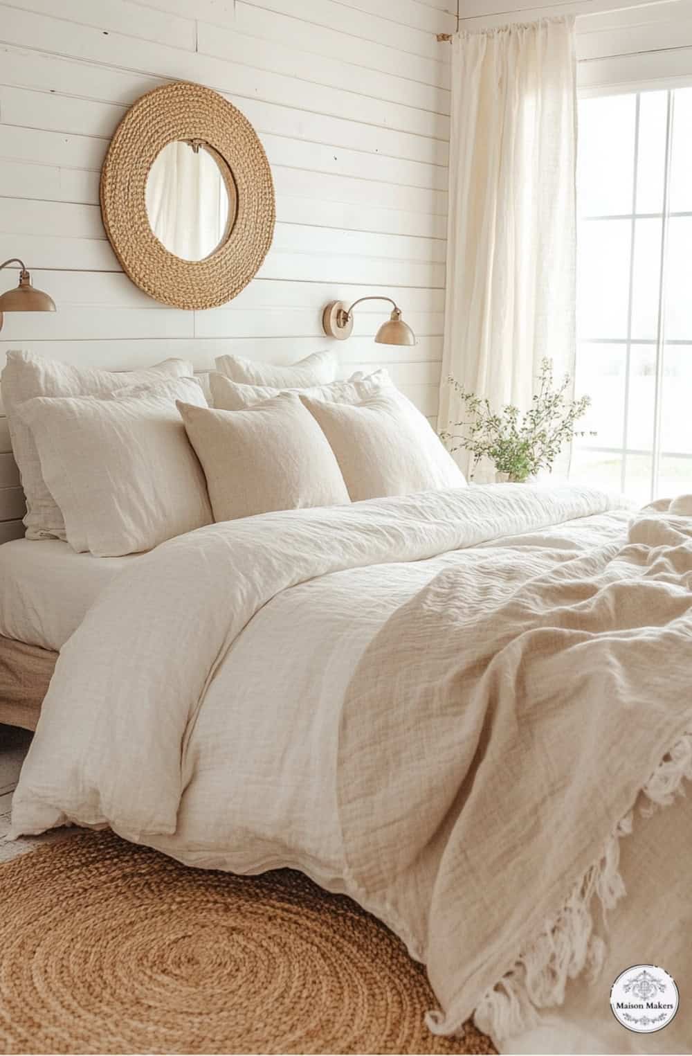 a bed with a white comforter and pillows