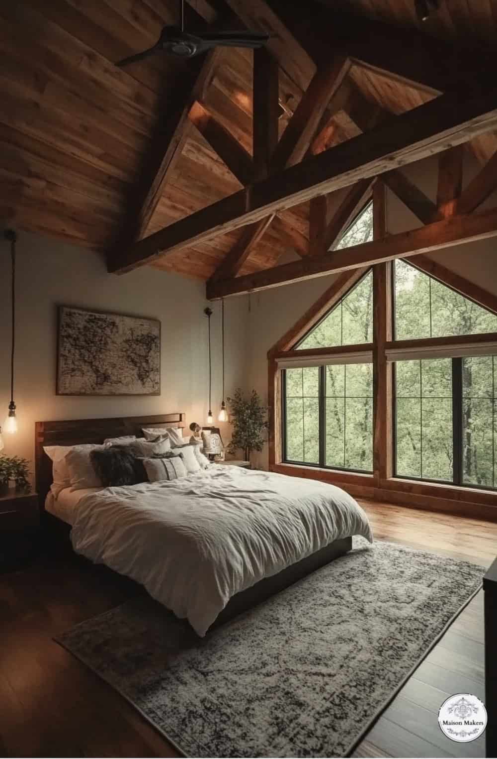 a large bed sitting in a bedroom next to a window