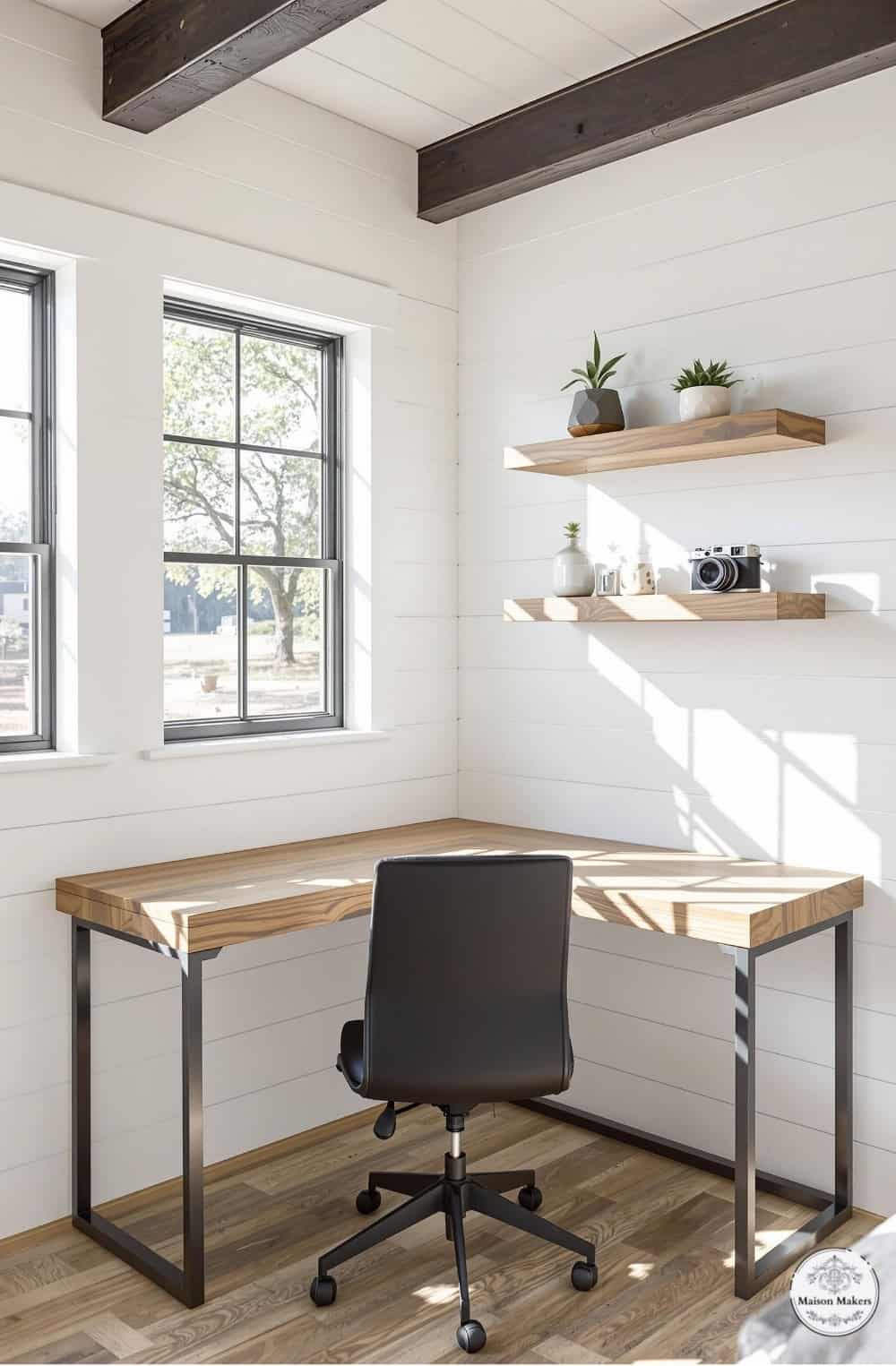 a home office with a desk and shelves