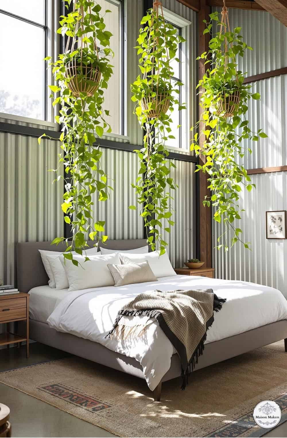 a bed sitting under two hanging plants in a bedroom