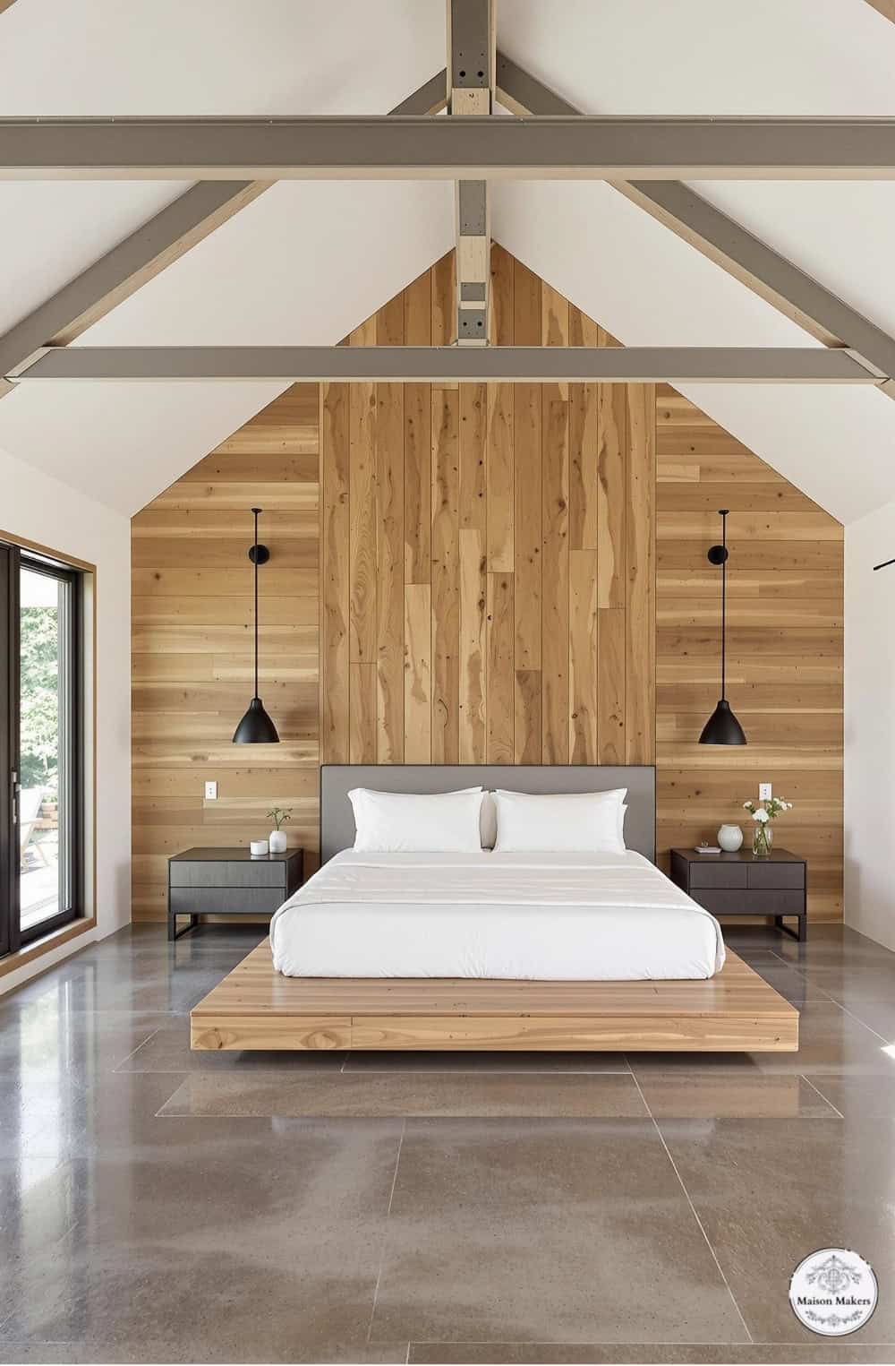 a bedroom with a large bed and wooden walls