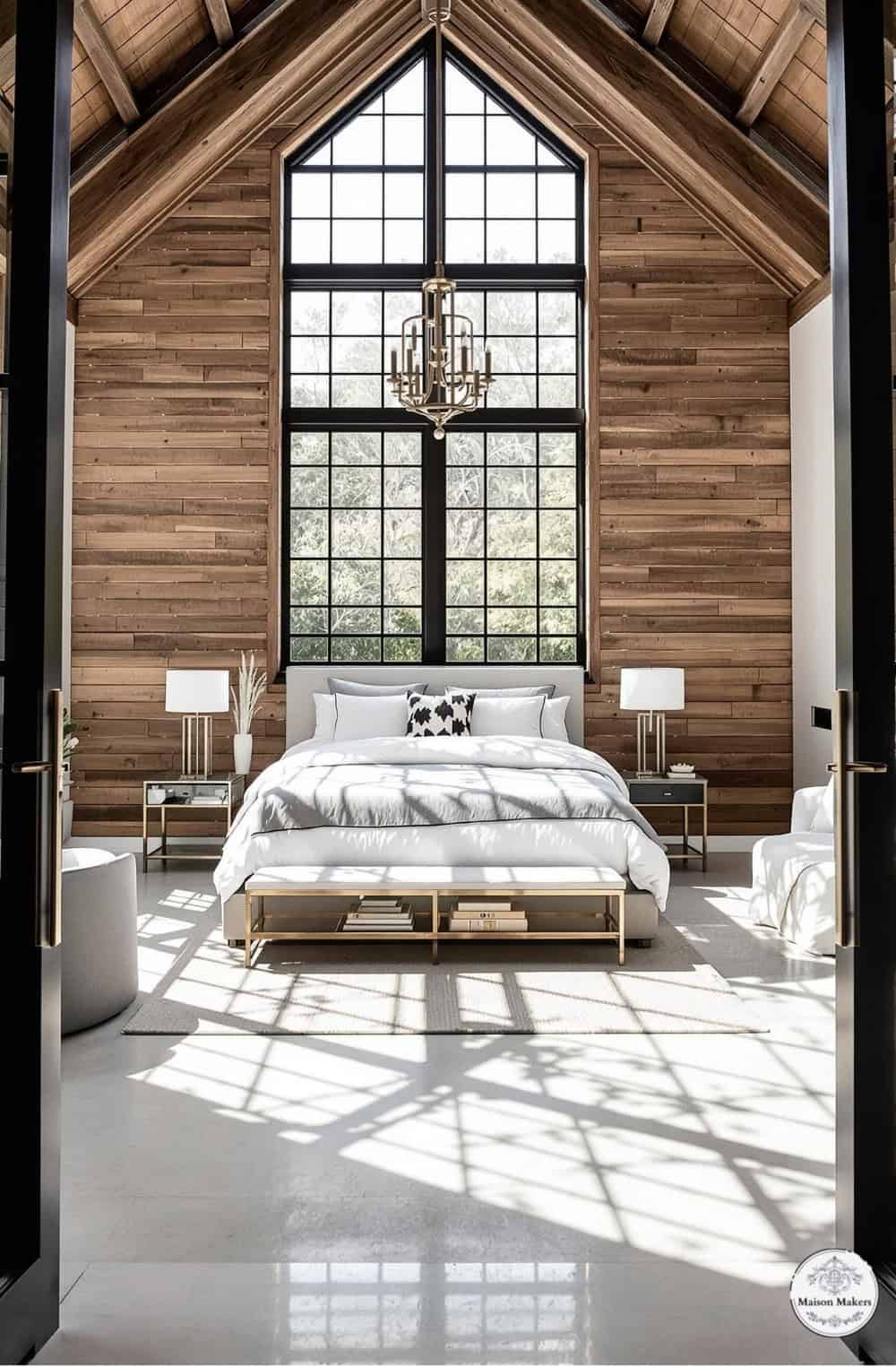 a bedroom with a large bed and a chandelier