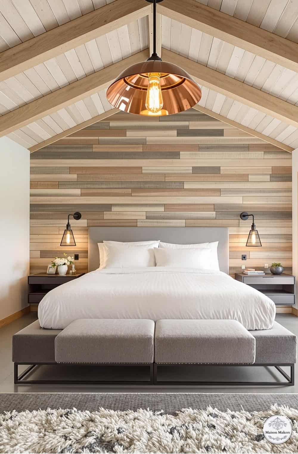 a large bed sitting under a wooden ceiling