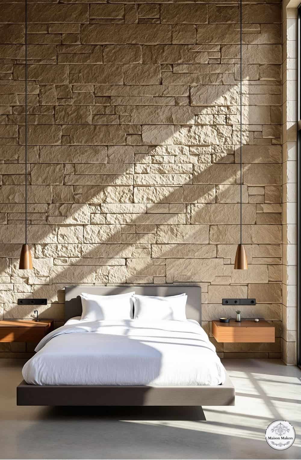 a bedroom with a brick wall and a bed