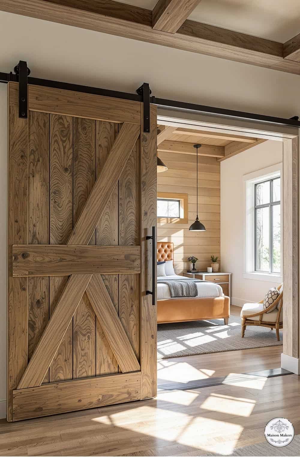 a bedroom with a sliding barn door and a bed