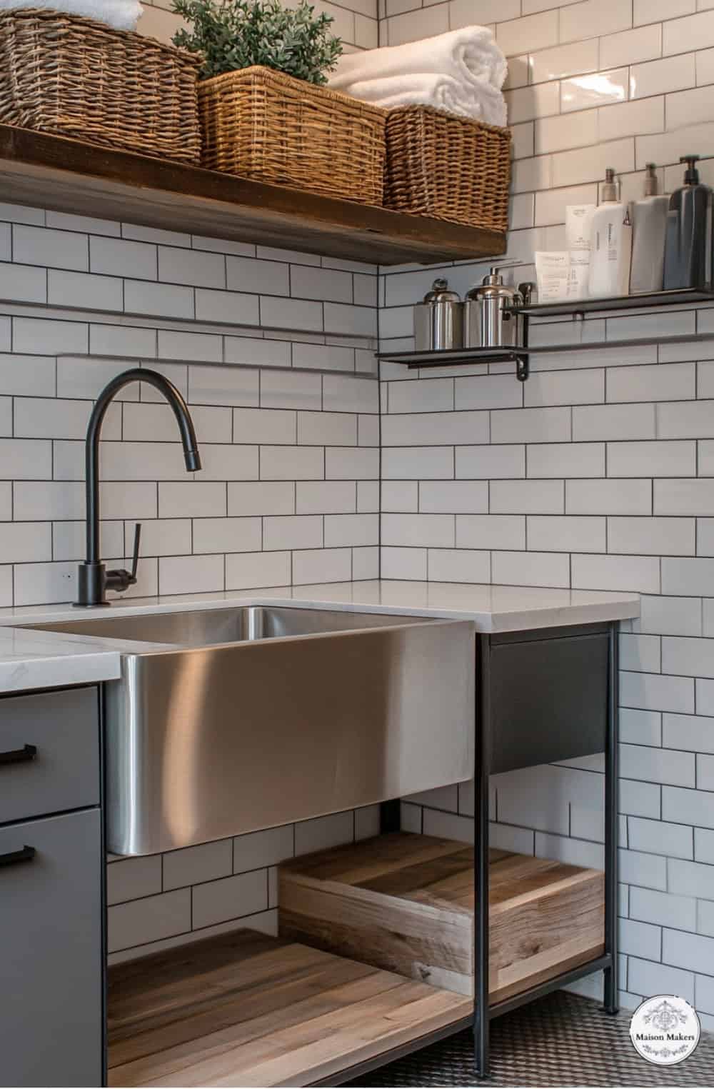 a kitchen with a sink and a shelf above it