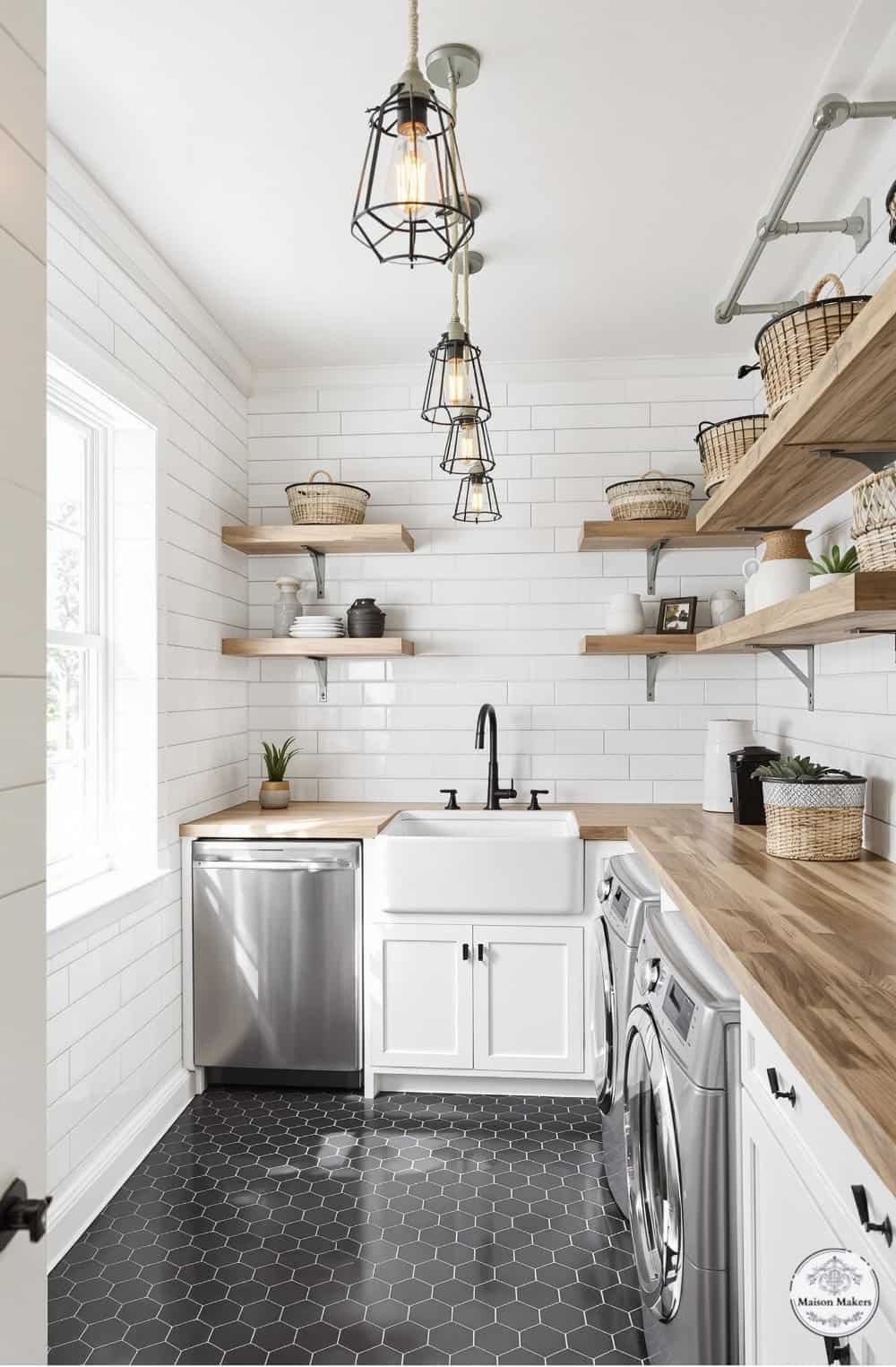 a kitchen with a sink, dishwasher, and open shelving
