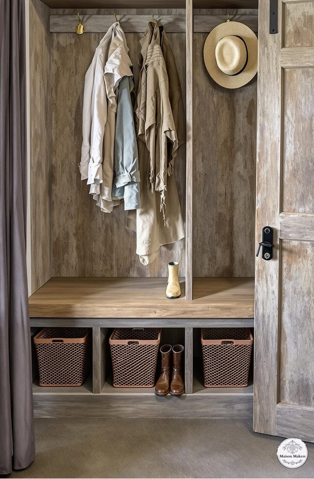 a coat rack with clothes hanging on it