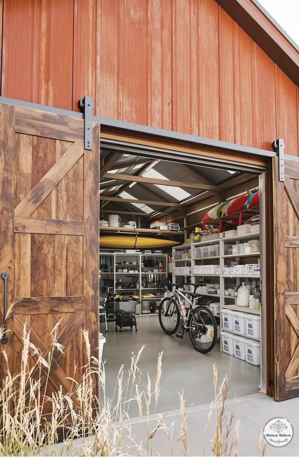a garage with two bikes parked inside of it