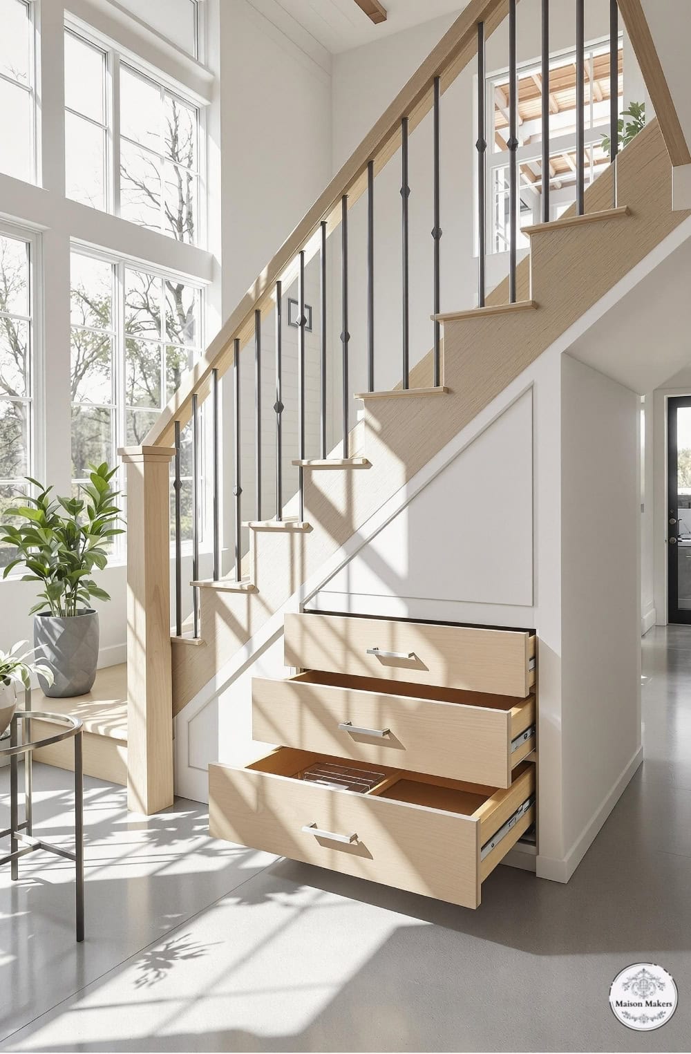 a stair case with drawers underneath a set of stairs