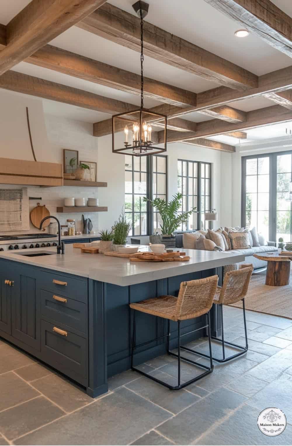 a large kitchen with a center island in the middle of it