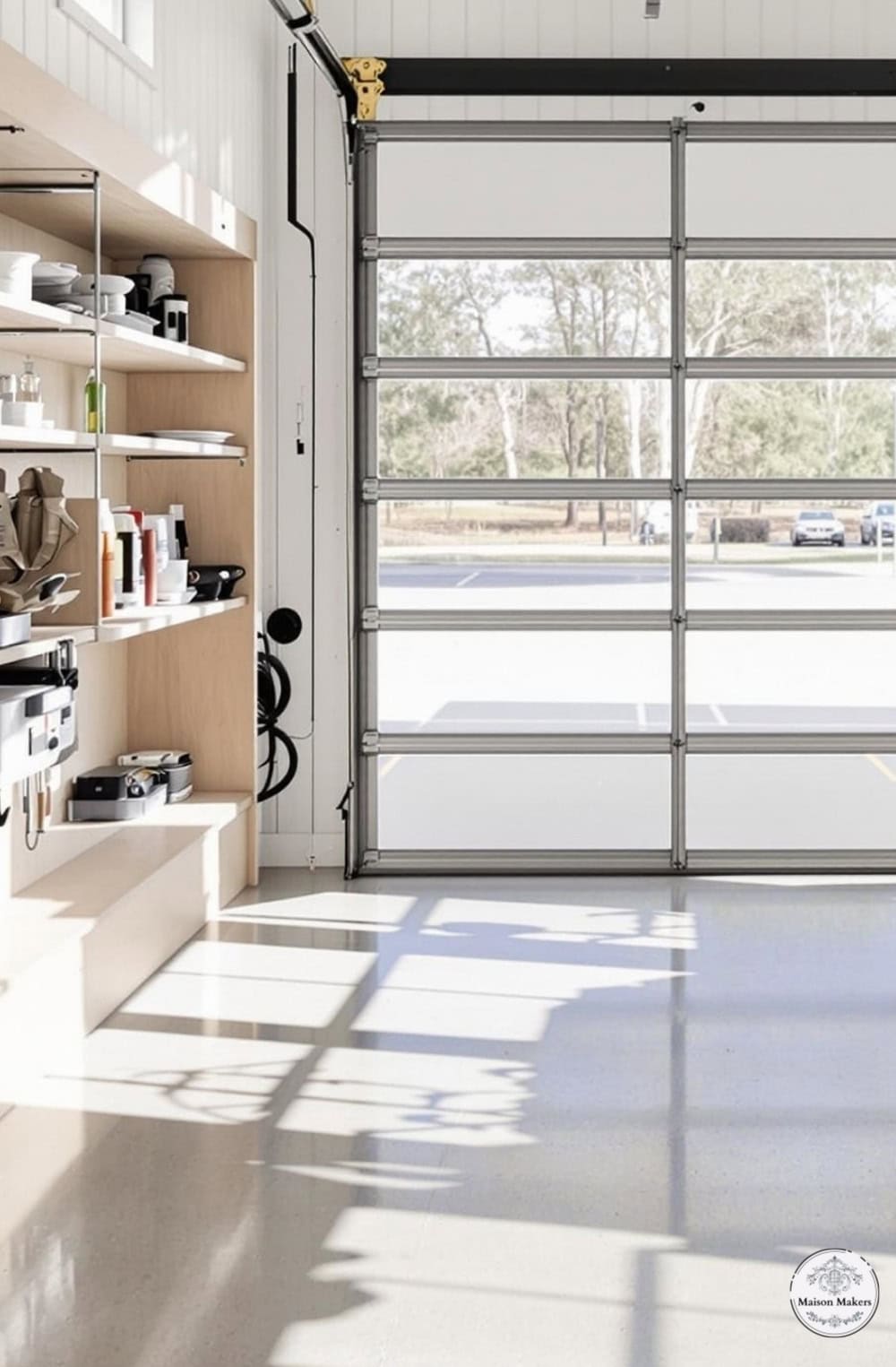a white garage with a large open door