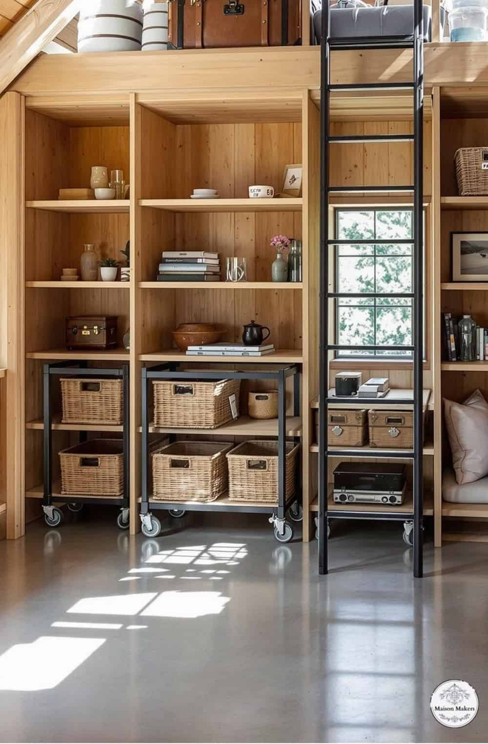 a room filled with lots of wooden shelves