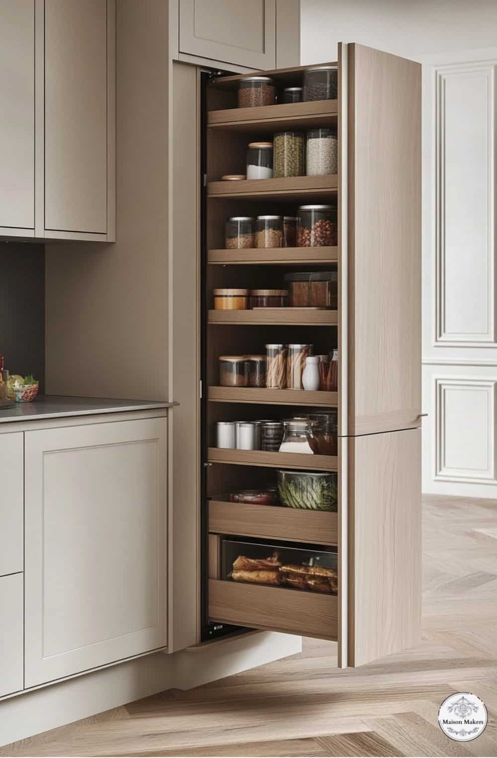 a kitchen with a large pantry in the middle of it