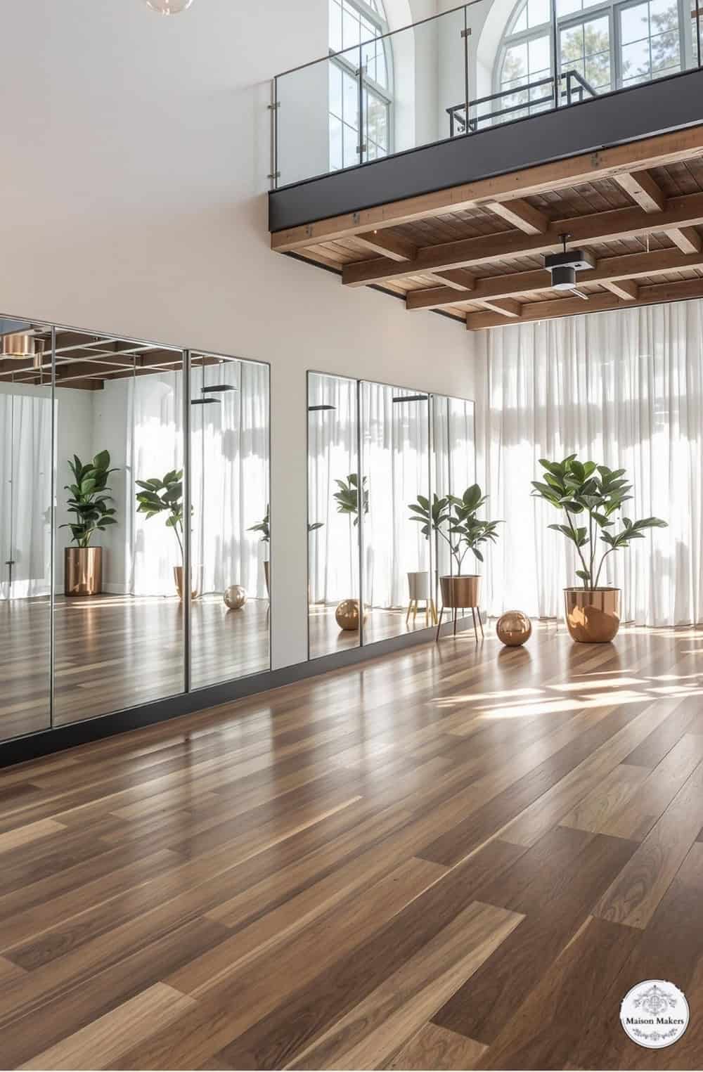 a large room with a large mirror and potted plants