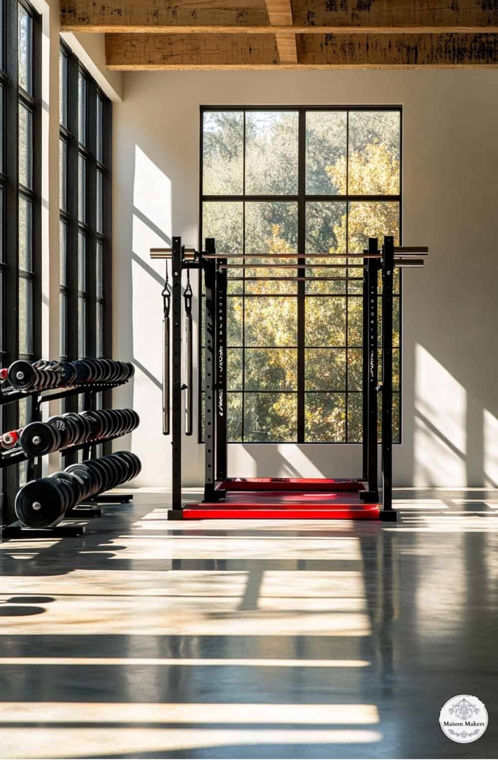 a gym with a rack of exercise equipment