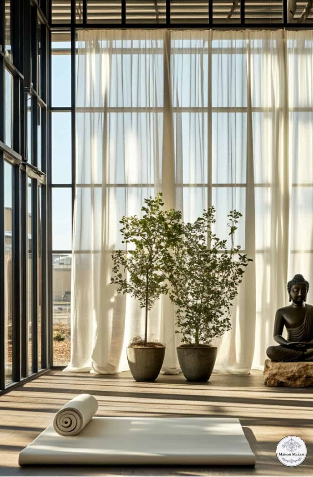 a buddha statue sitting in front of a window