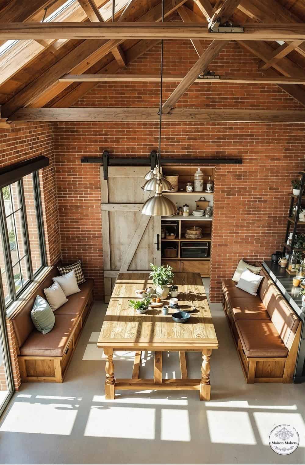 a room with a table, couches and windows