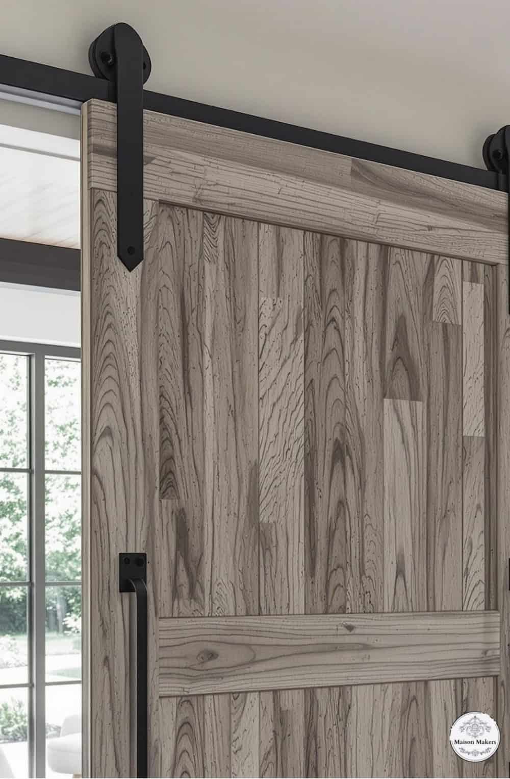 a close up of a wooden door with black hardware
