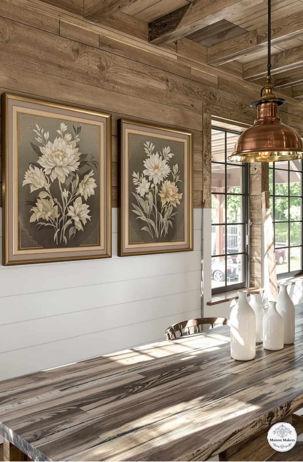 a dining room table with vases and paintings on the wall