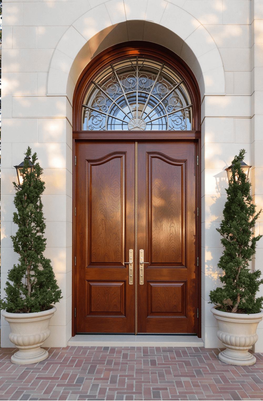 a pair of potted plants sit in front of a wooden door