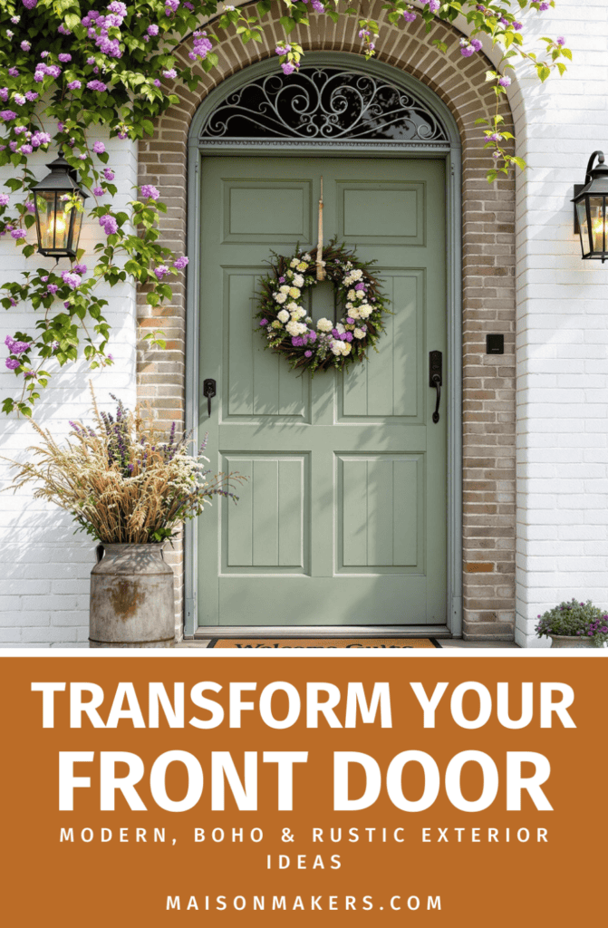 a green front door with a wreath on it and the words transform your front door