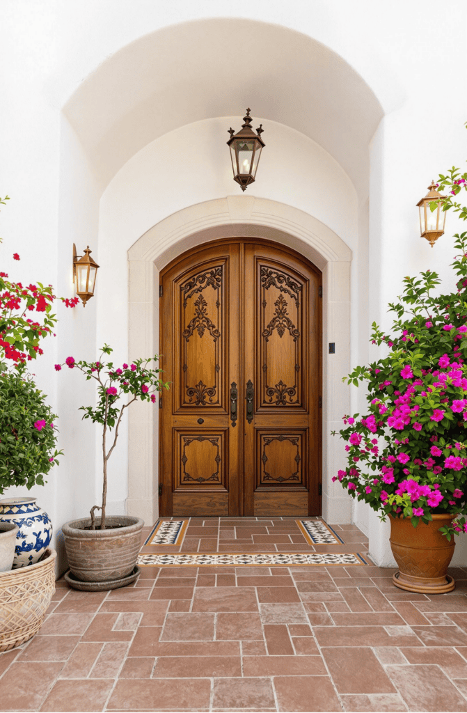 a couple of potted plants sitting in front of a wooden door