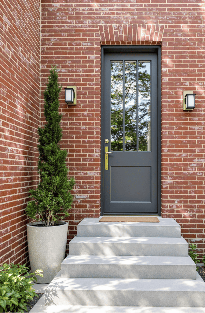 a gray front door on a brick building