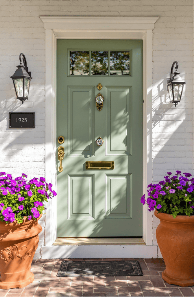 a green front door with two flower pots