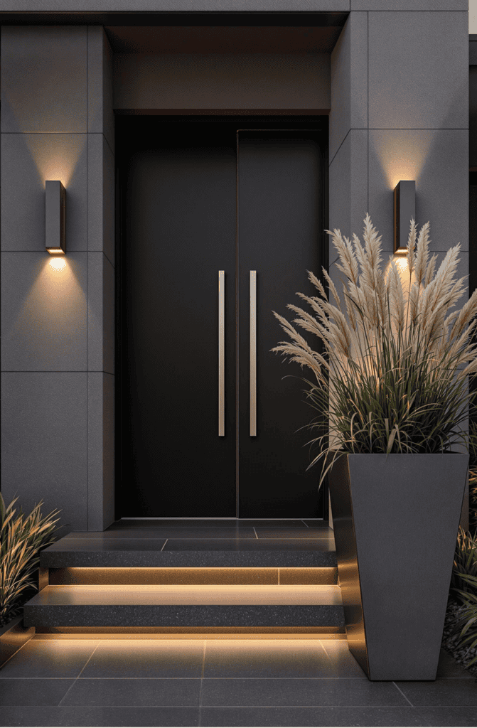 a modern entrance with a planter and lights