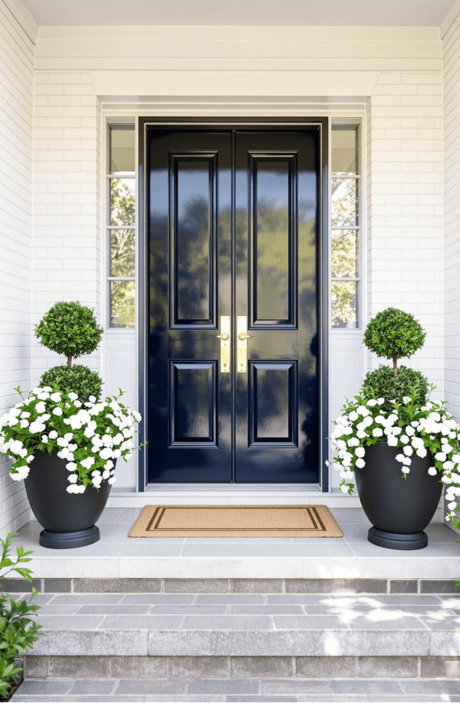 a blue front door with two large planters on the steps