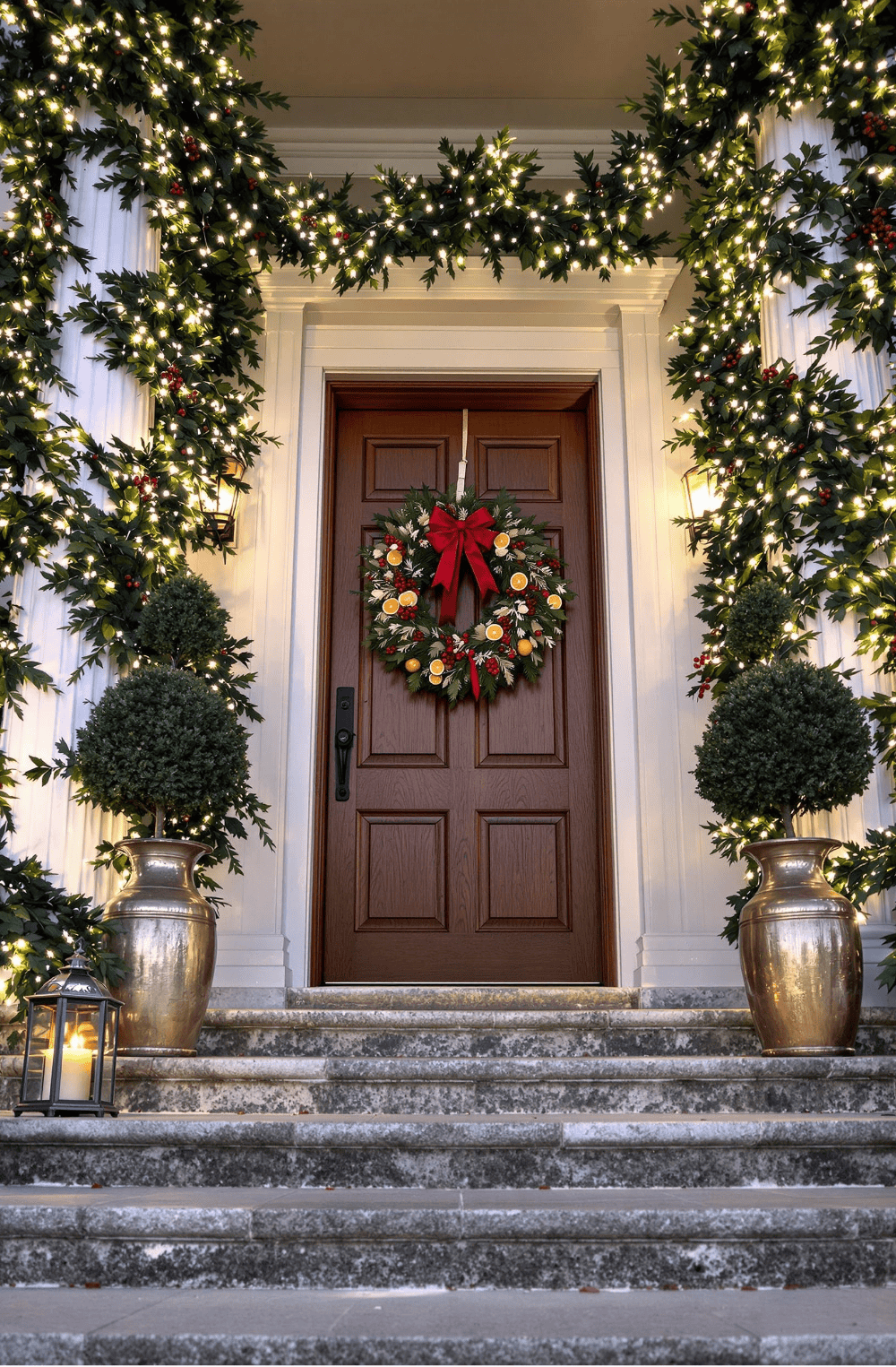 a christmas wreath on the front door of a house