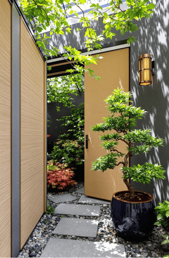 a small bonsai tree in a pot next to a door