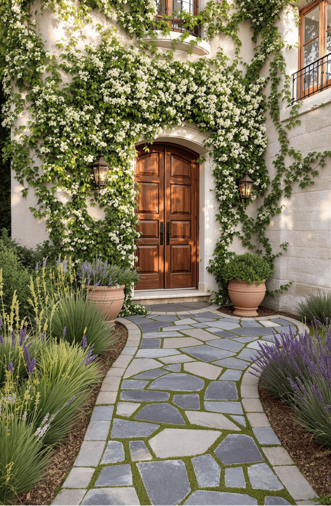 a house with a stone walkway and a wooden door