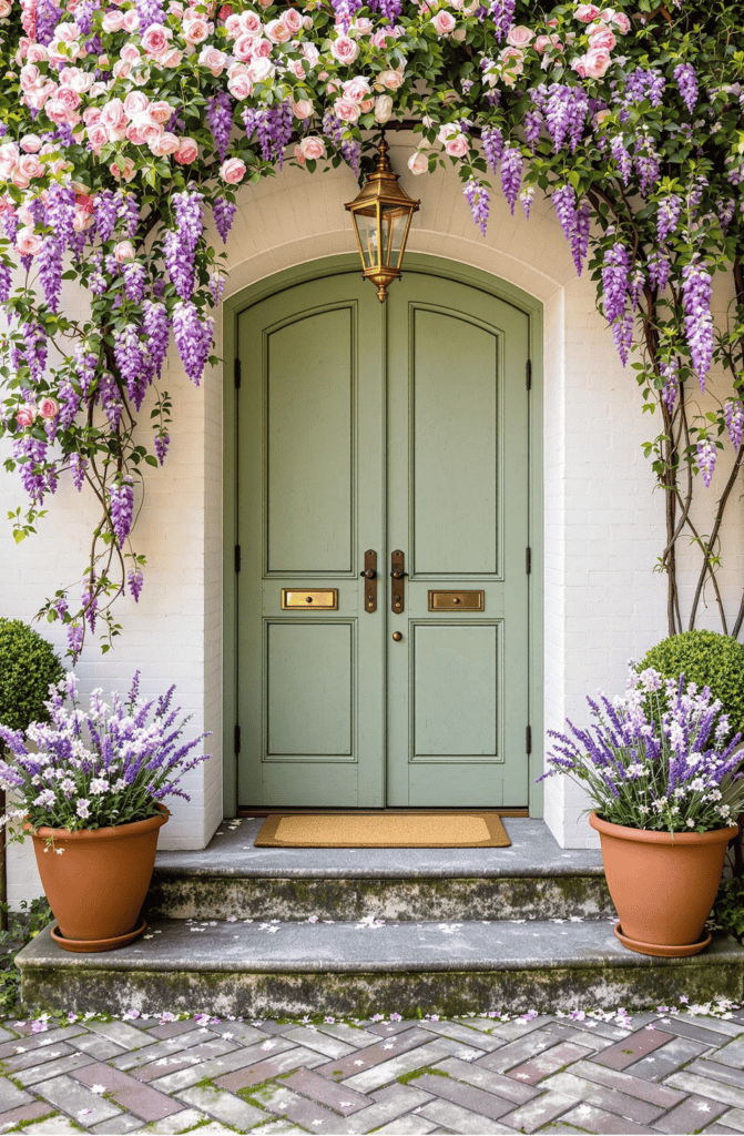 a green door surrounded by potted plants and flowers