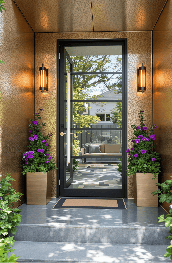 a front door with potted plants and a bench