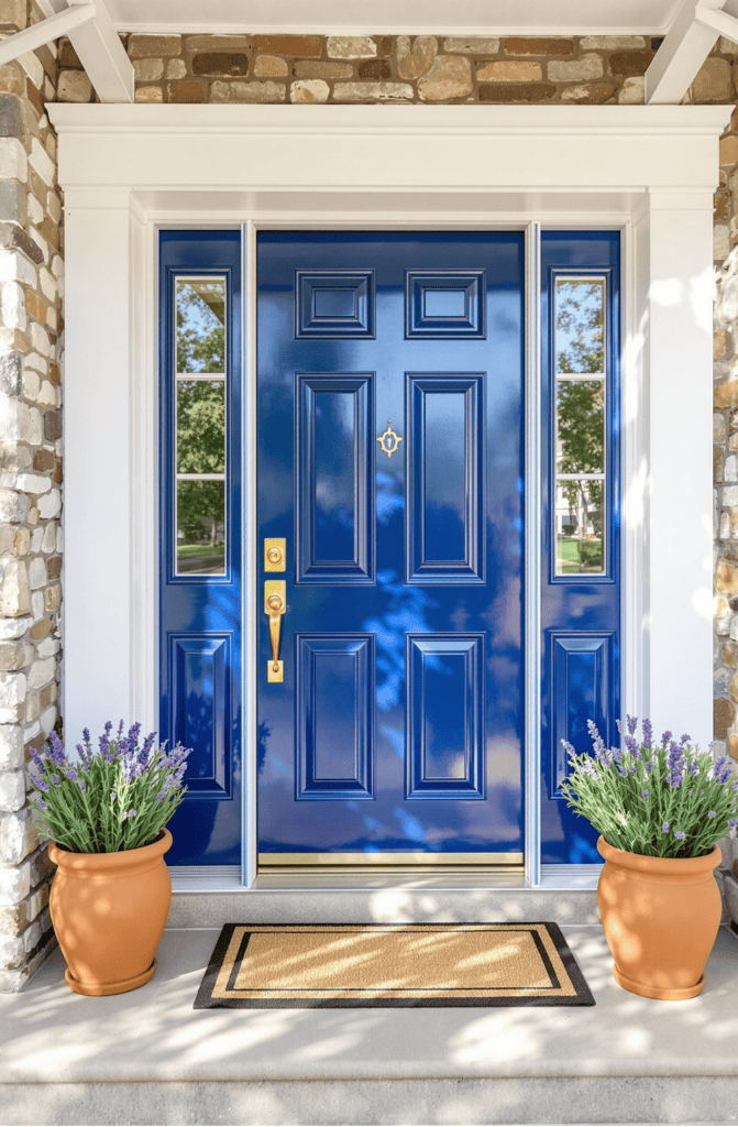 a blue front door with two potted plants