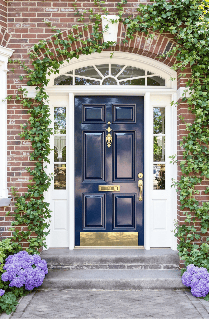 a blue front door with purple flowers in front of it