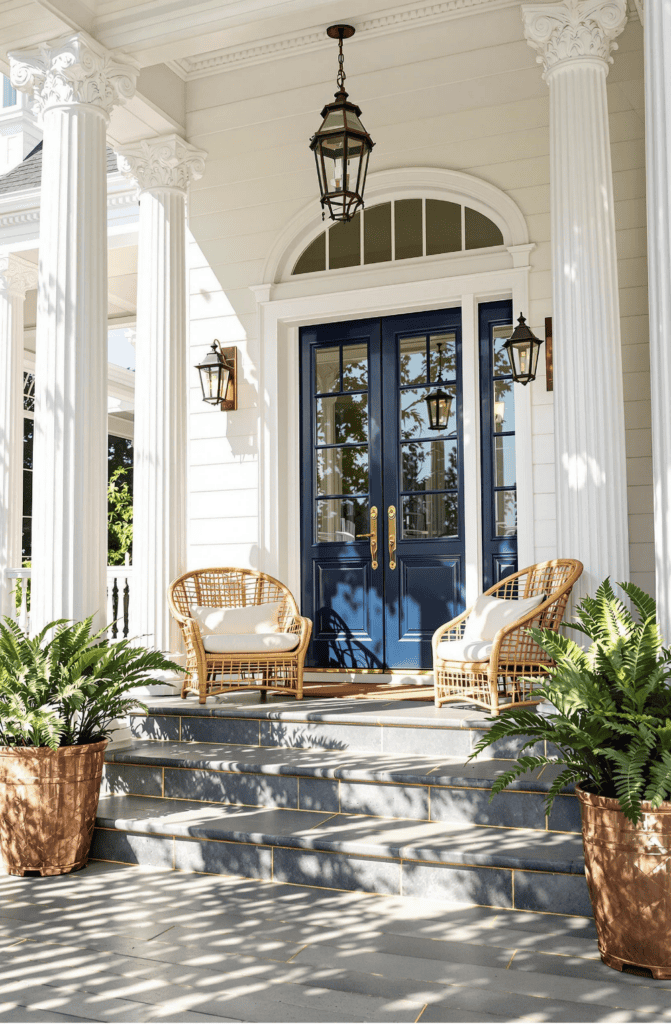 a front porch with chairs and potted plants