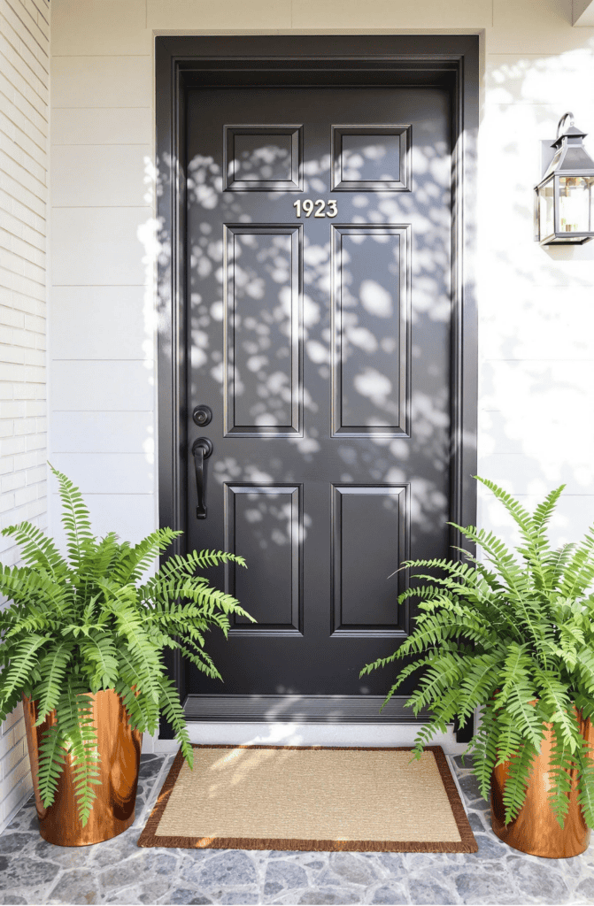 a black front door with two potted plants