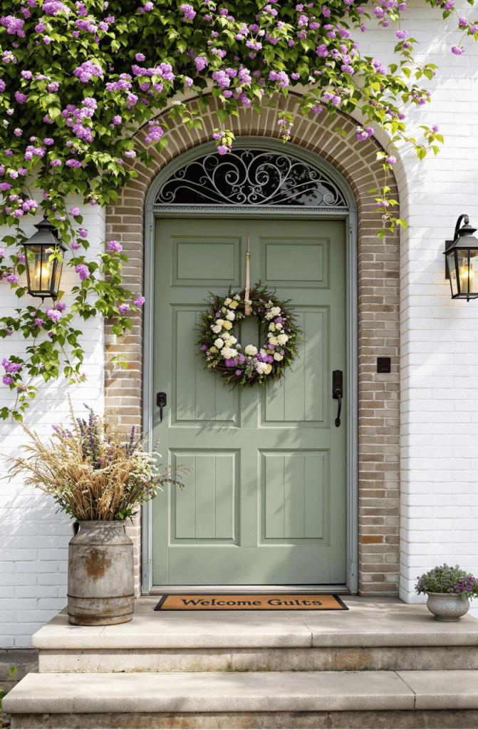 a green front door with a wreath on it