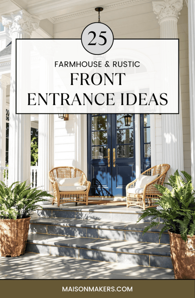 a front porch with two wicker chairs and a blue door