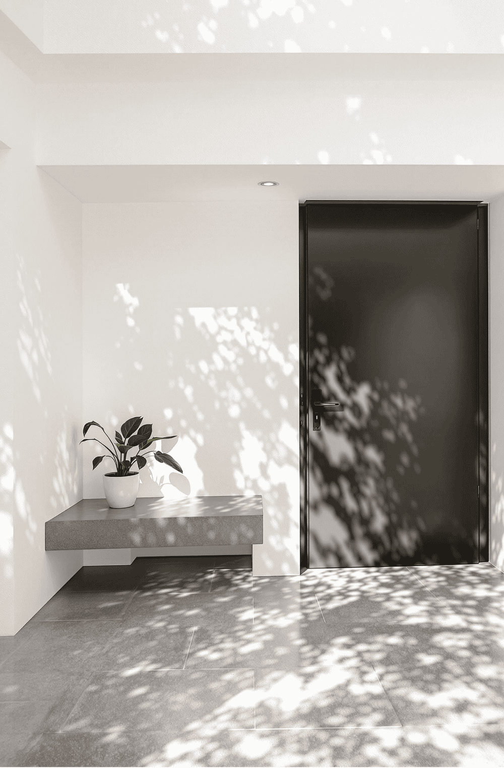 a white room with a black door and a plant