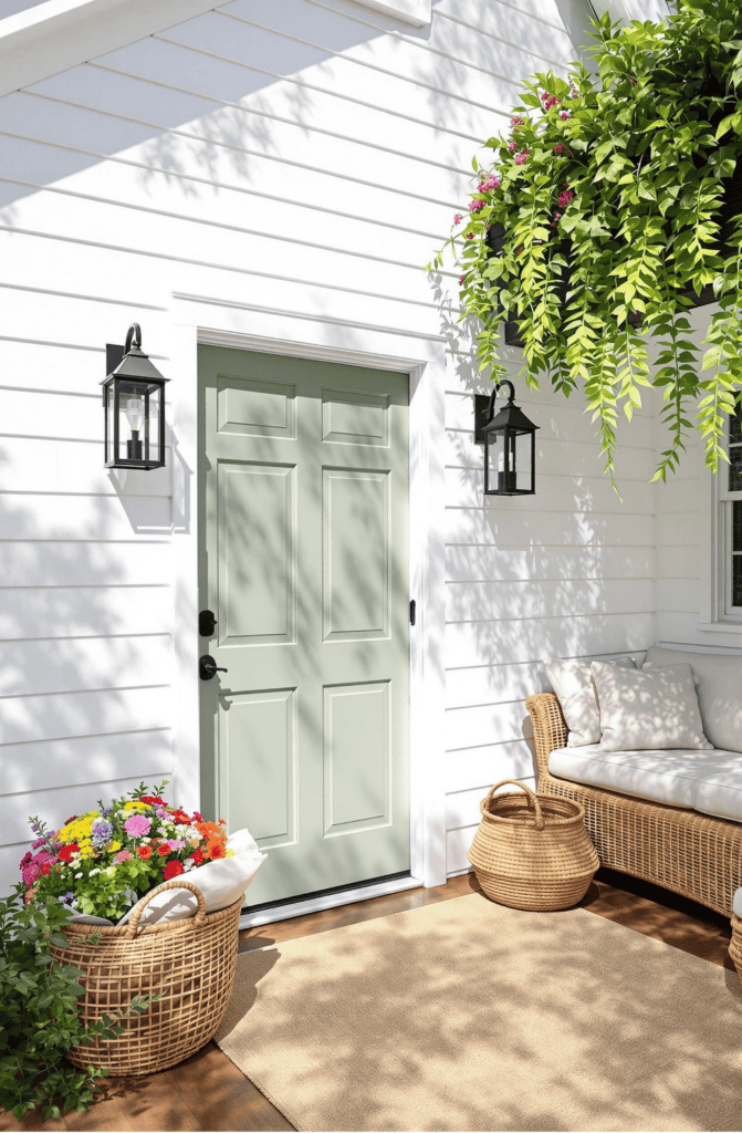 a white house with a green door and two wicker chairs