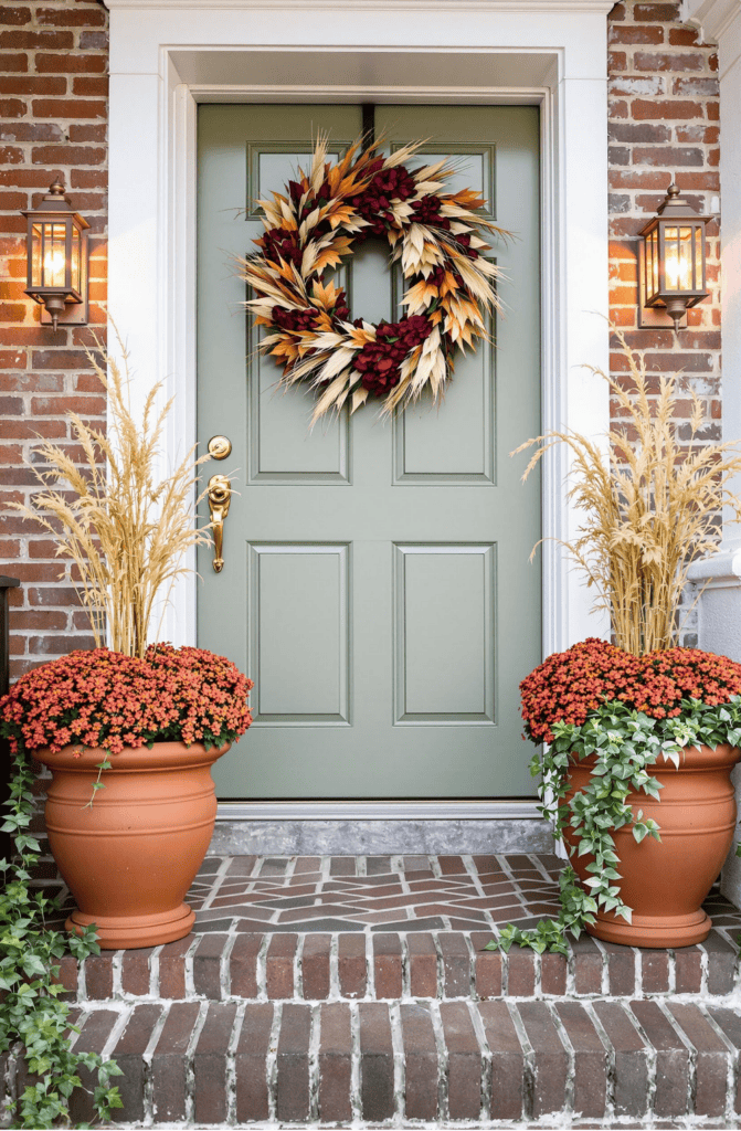 a green front door with a wreath on it